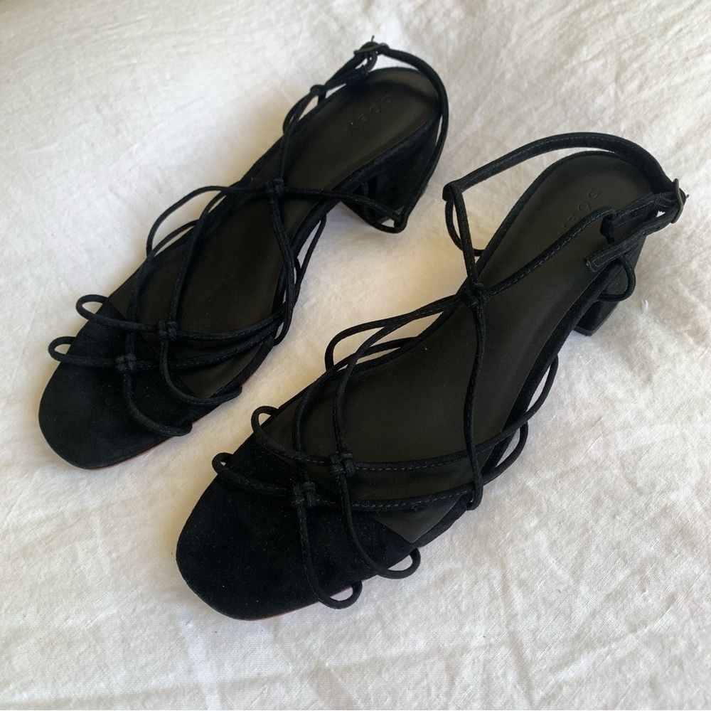 Doen Reve Strappy Knot Suede Block Kitten Low Heel Sandals Black - Picture 7 of 13